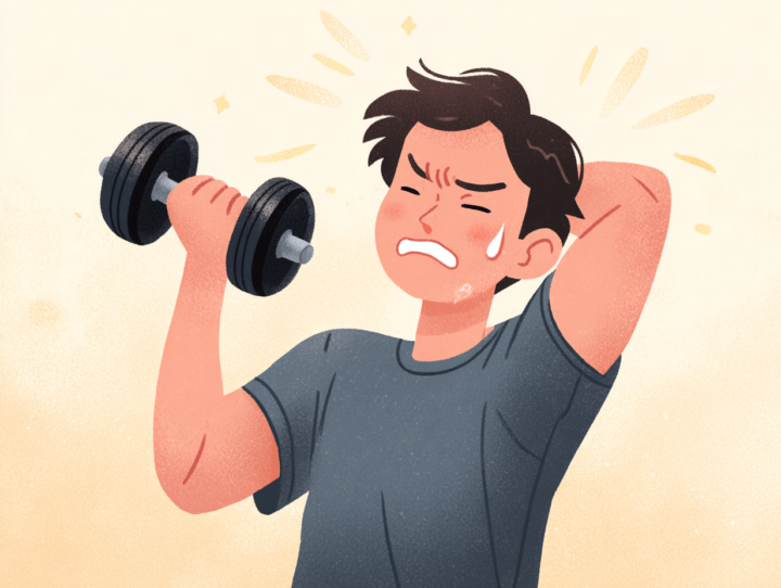 ダンベルを反動で上げている男性