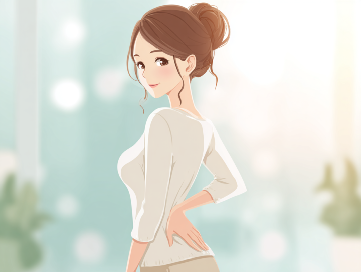 腰に手を当てて姿勢を意識する日本人女性のイラスト。足首の動きの悪さからくる腰痛をイメージしたシーンで、明るく清潔感のある整体・ストレッチスタジオの背景。ねもと整体&ストレッチスタジオの腰痛ケア説明用画像