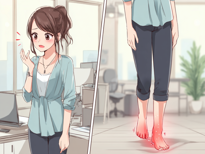 立ち仕事やデスクワークで足のしびれを感じる若い女性のイラスト。坐骨神経痛や下肢の血行不良をイメージした構図