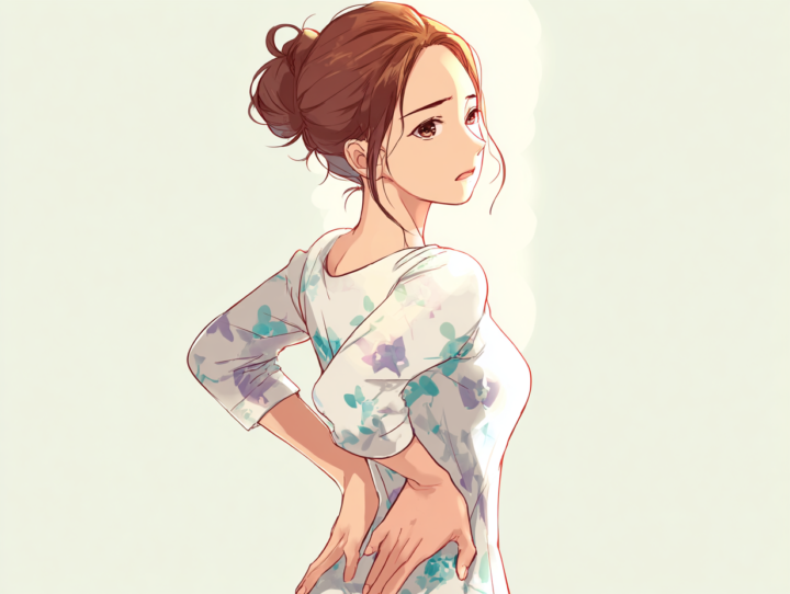 腰の痛みを感じて後ろ手で腰を支える日本人女性のイラスト。ぎっくり腰や腰痛の原因・症状・改善方法を説明する記事向けの画像