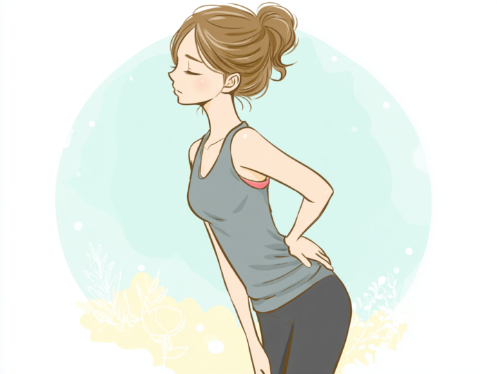「腰に痛みを感じて手を当てる日本人女性イラスト|腰痛の原因と姿勢の問題・反り腰の注意点