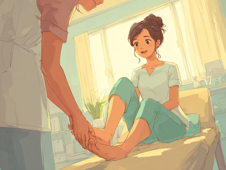 足首の不調を優しく整える整体を受けて笑顔になる日本人女性。明るい施術室で、足首の関節を丁寧に調整する様子。痛みの少ない足首整体で全身バランスを整えるイメージ