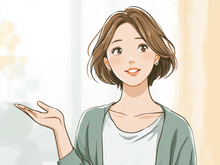 自宅でできるセルフケアを質問する日本人女性のイラスト。片手を軽く上げ、優しく問いかける表情。明るいリビング風の背景で、健康相談や整体の解説記事向けのイメージ