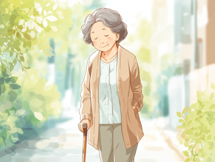 杖をついてゆっくり歩く高齢女性のイラスト。脚の衰えや歩行の不安定さを表し、脊柱管狭窄症や足腰の痛みの悩みをイメージさせる