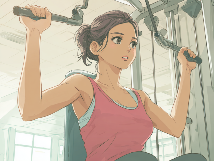 ジムでラットプルダウンを行う日本人女性のイラスト。背中の筋肉を鍛えて姿勢を整えるトレーニングシーンを描写