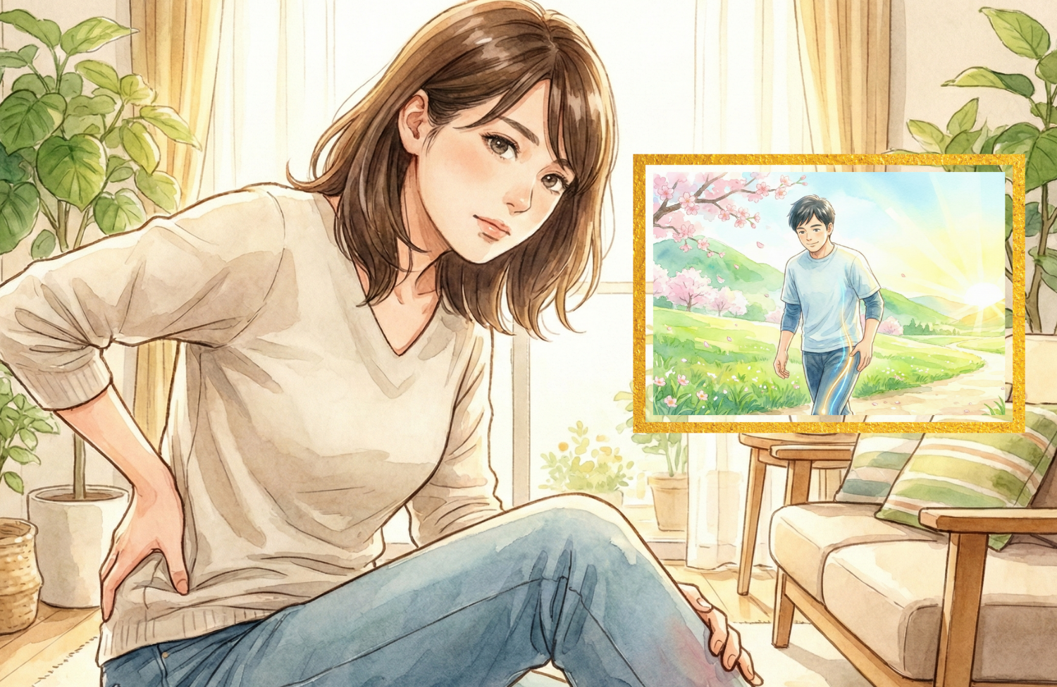 腰に手を当てて座っている30代後半の女性