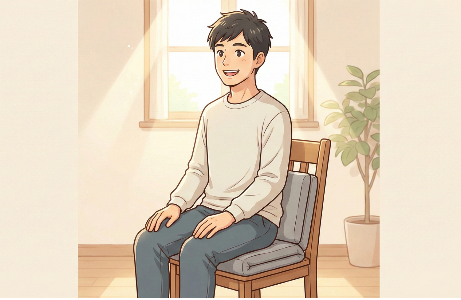 クッションを2つ折りにして座る男性