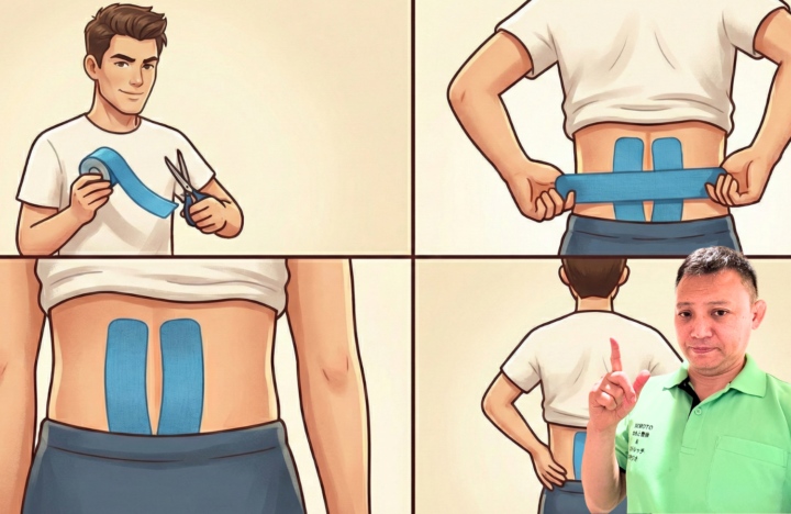 腰にテーピングをしている男性