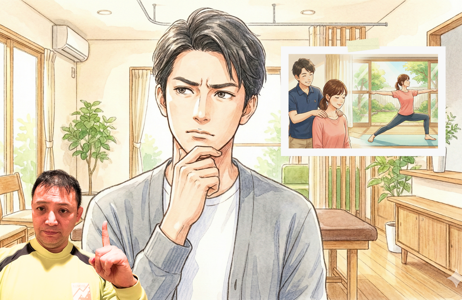 部屋で顎を手で当てながら考えている男性