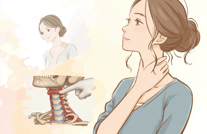 首に手を当てている４０代の女性