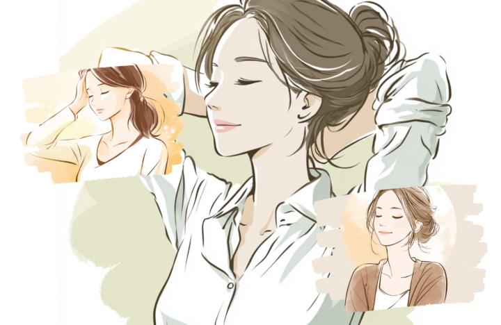 首の後ろで手を組んでいる４０代の女性