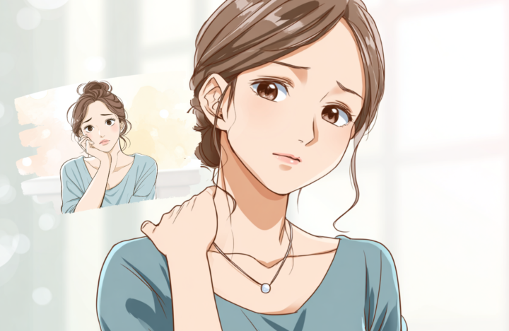 首に手を当てている女性