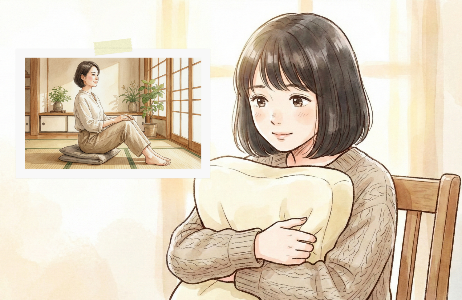 クッションをもって座っている30代の女性