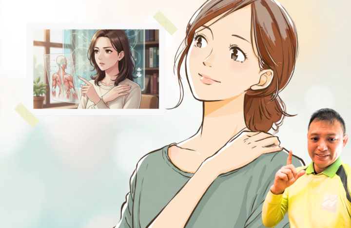 肩に手を当てている40代の女性