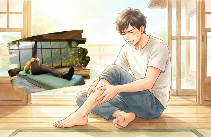 座って足に手を当てている男性