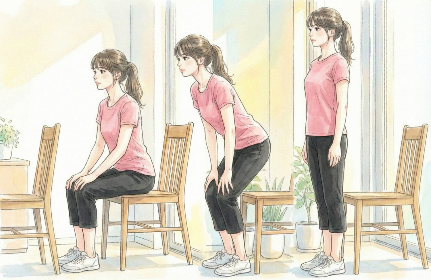 椅子を使って運動している３０代前半の女性