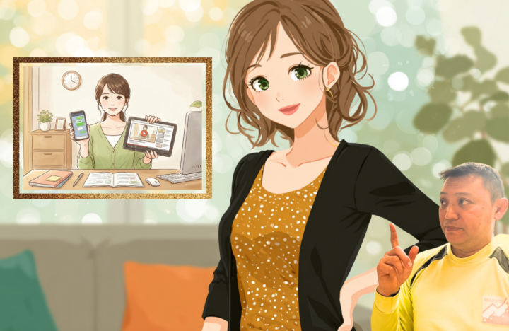 腰に手を当てている笑顔の女性