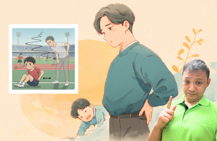 腰に手を当てている30代男性