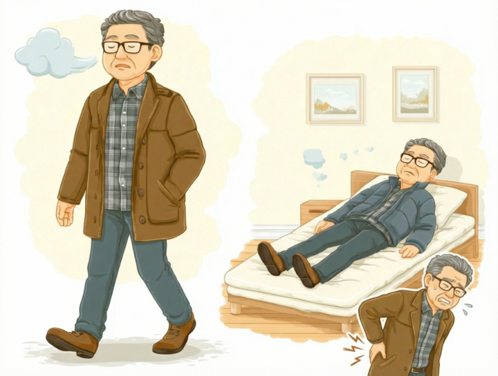 腰に手を当てている６０代男性