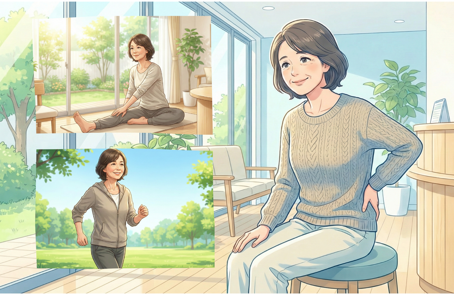 腰に手を当てながら座っている60代の女性