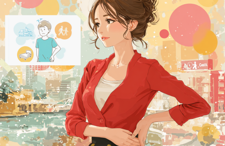 腰に手を当てている３０代の女性