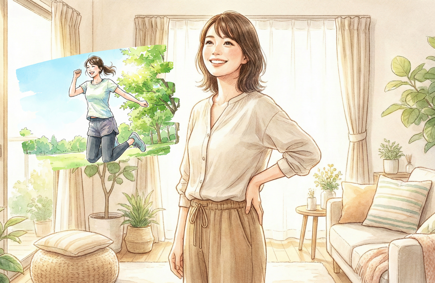 腰に手を当てている30代の女性