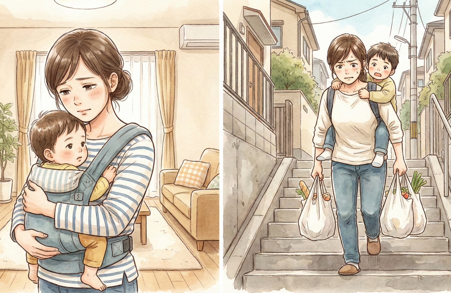 重い荷物を持ちながら階段を上がる女性