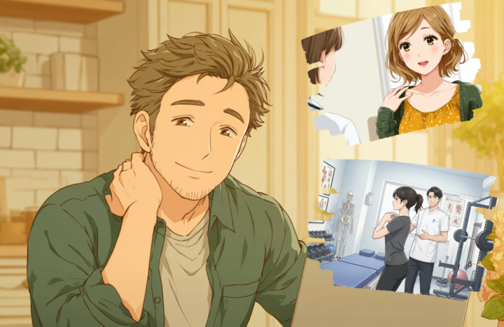 首に手を当てている40代男性