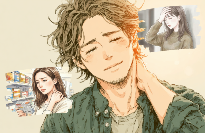 首に手を当てている30代の男性