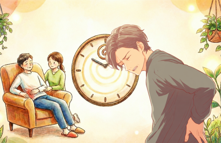 腰に手を当てている４０代の男性