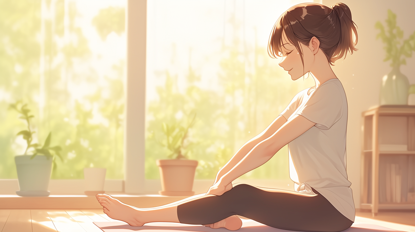 ハムストリングスのストレッチをしている女性