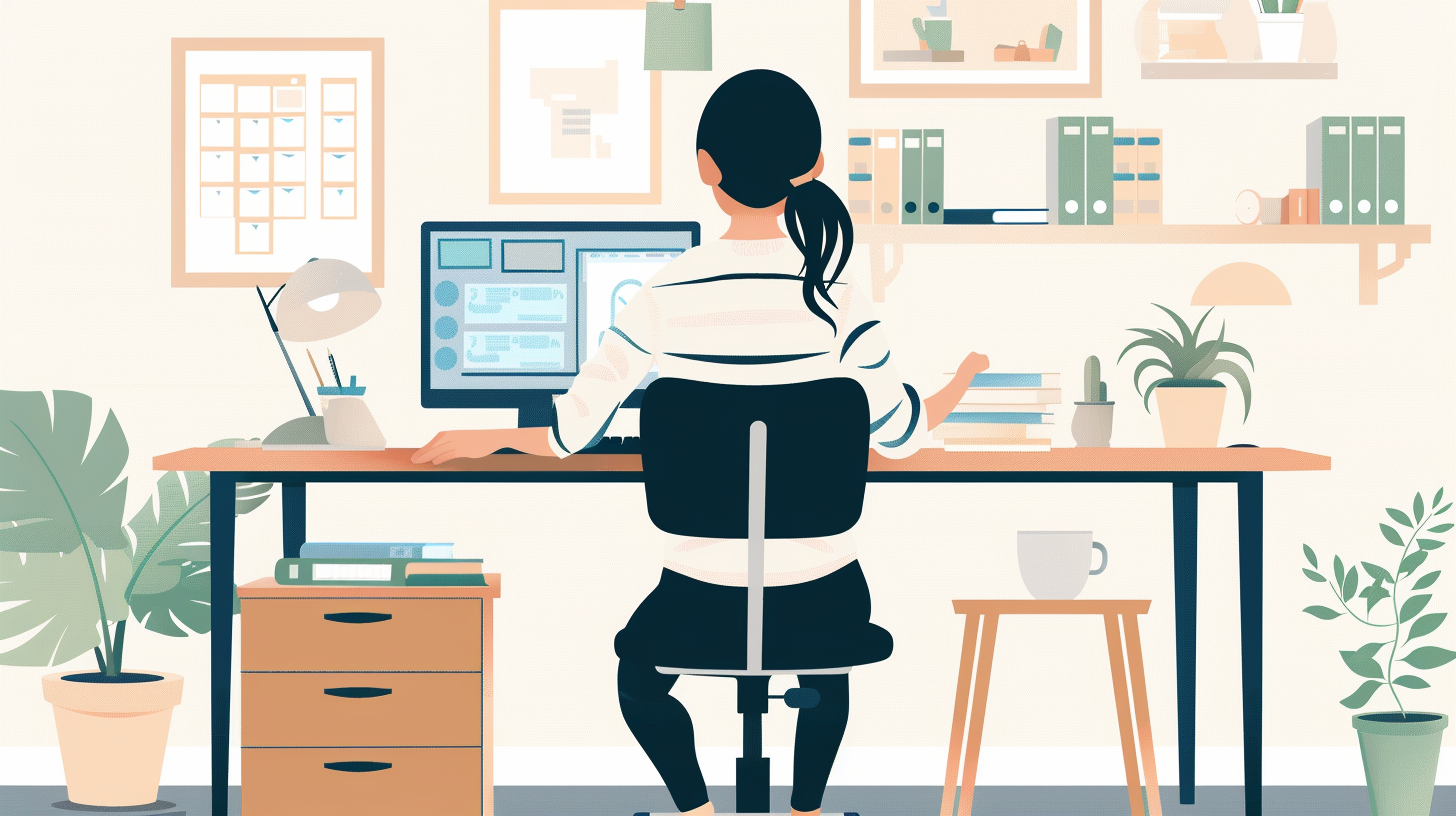 長時間のデスクワークで腰に負担がかかる女性の後ろ姿