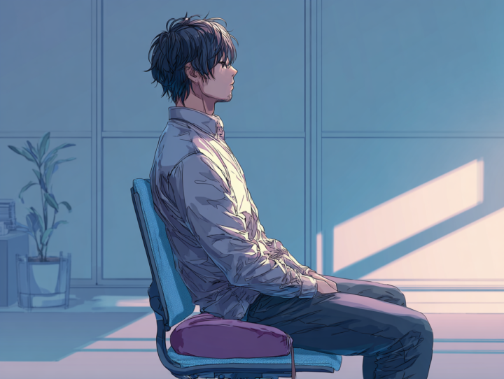 クッションを入れて座っている男性