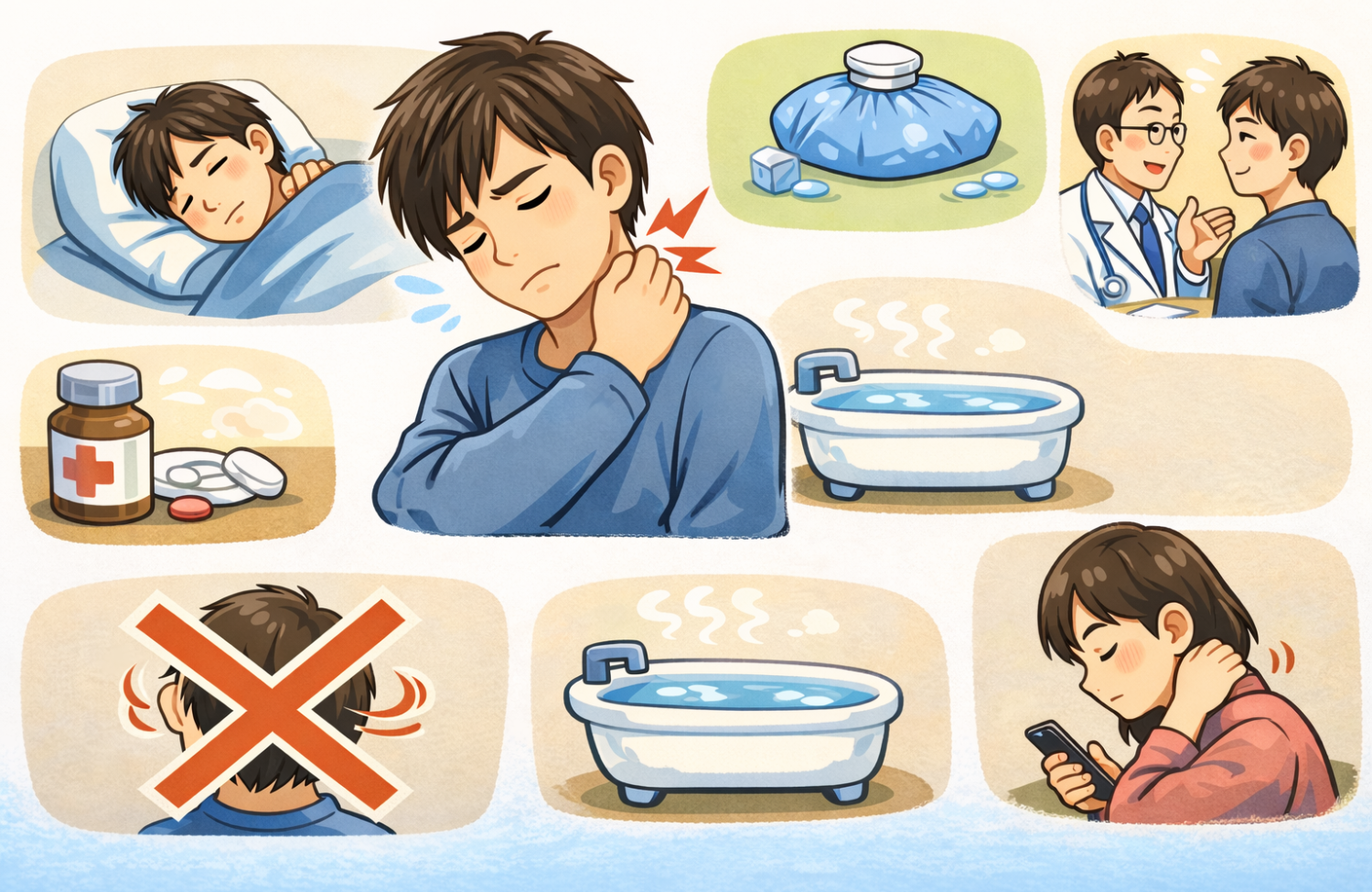 首に手を当てている20代半ばの男性