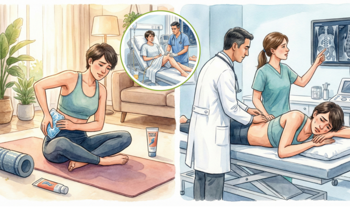 ヨガマットに座りケアをしている40代の女性