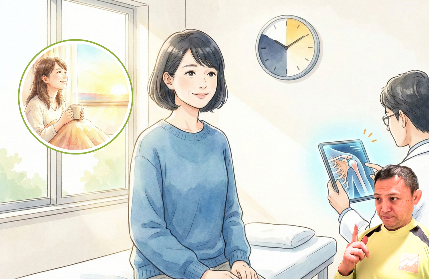 ベッドに座って話を聞いている40代女性