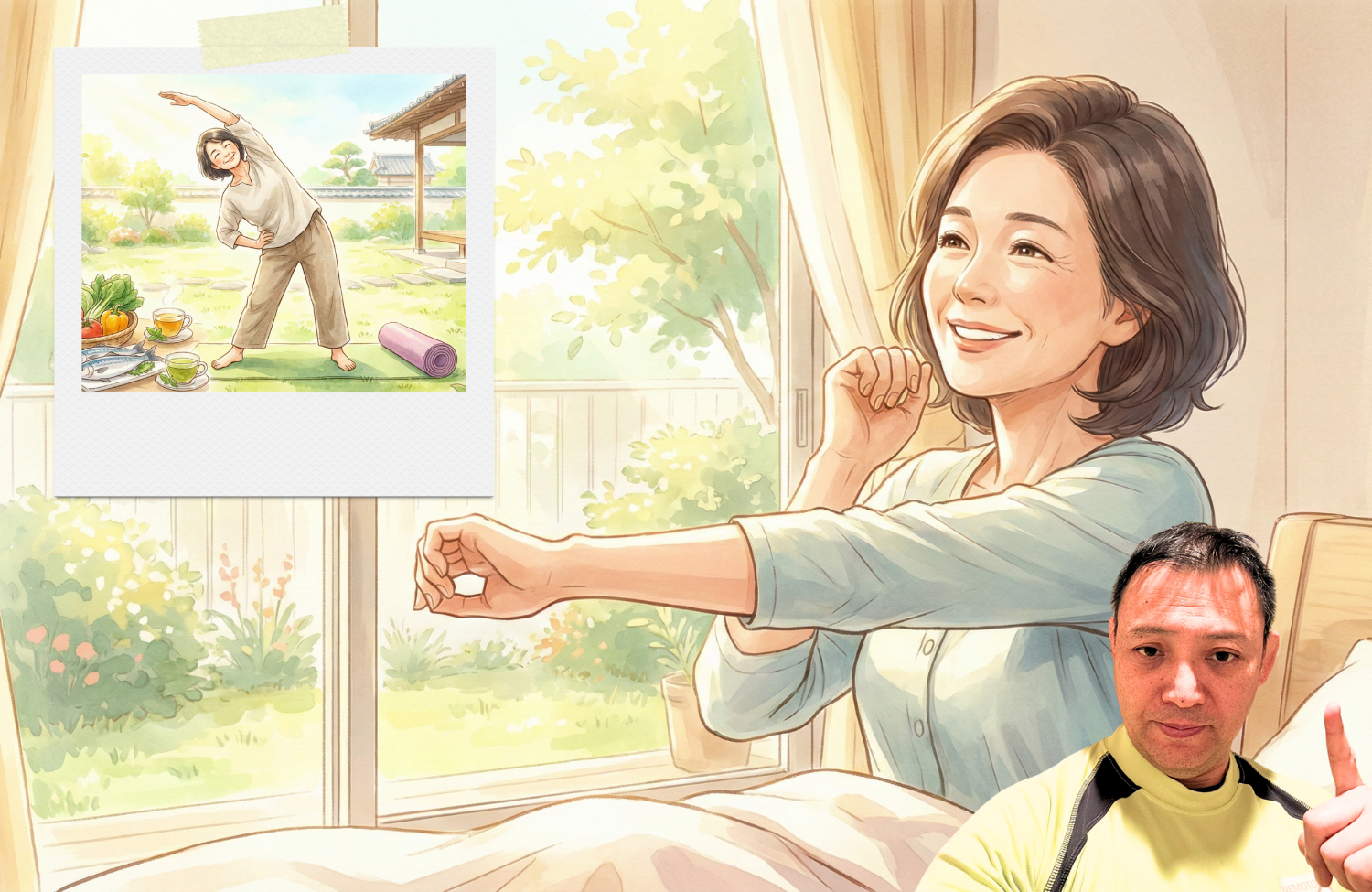 手を伸ばしている50代の女性