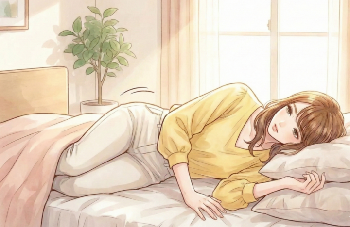 枕を高くして起きようとしている女性