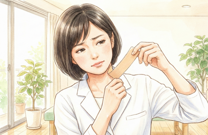 テーピングをはがしている女性