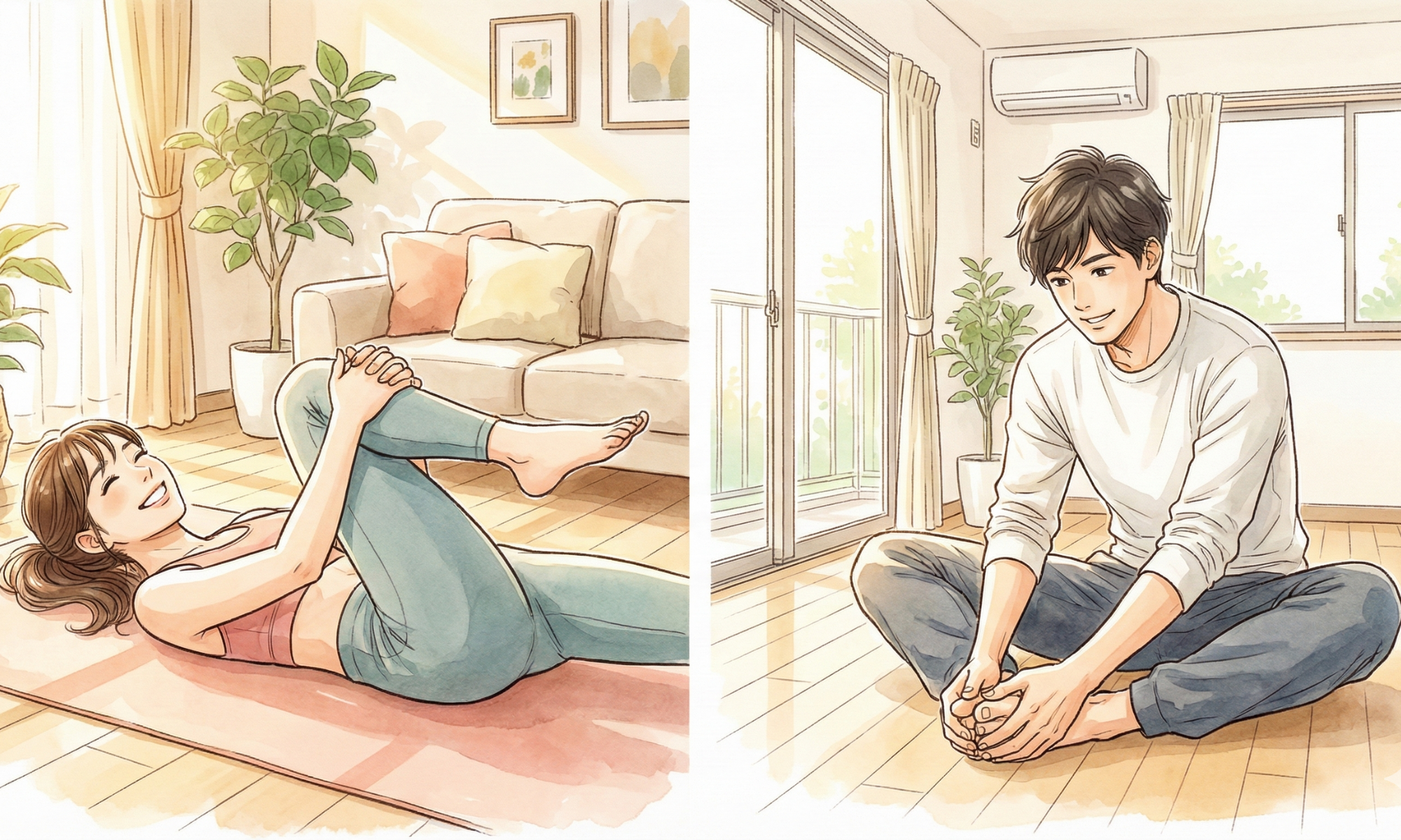 ストレッチをしている30代の男女 style=