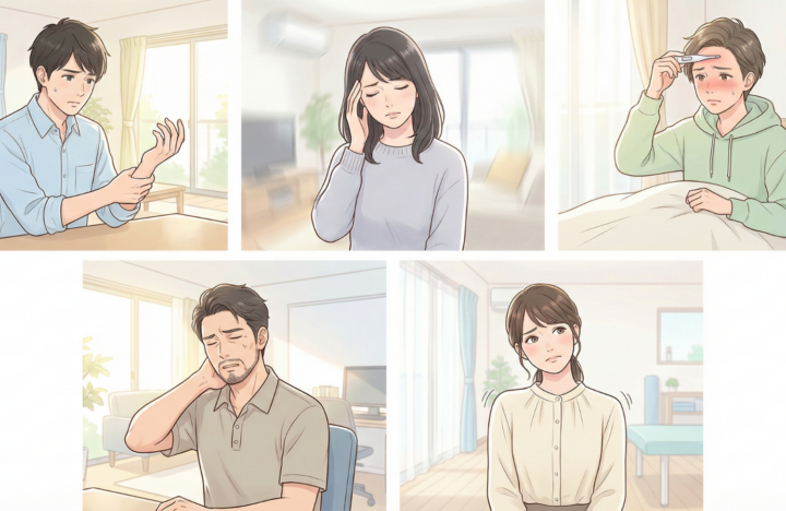 首に手を当てている40代の男性