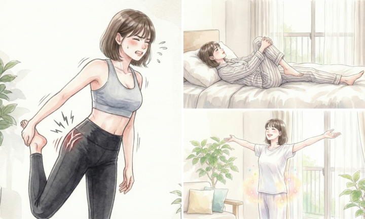 女性がストレッチを寝室やリビングでしている