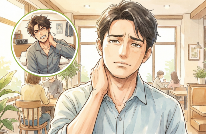 首に手を当てている40代の男性