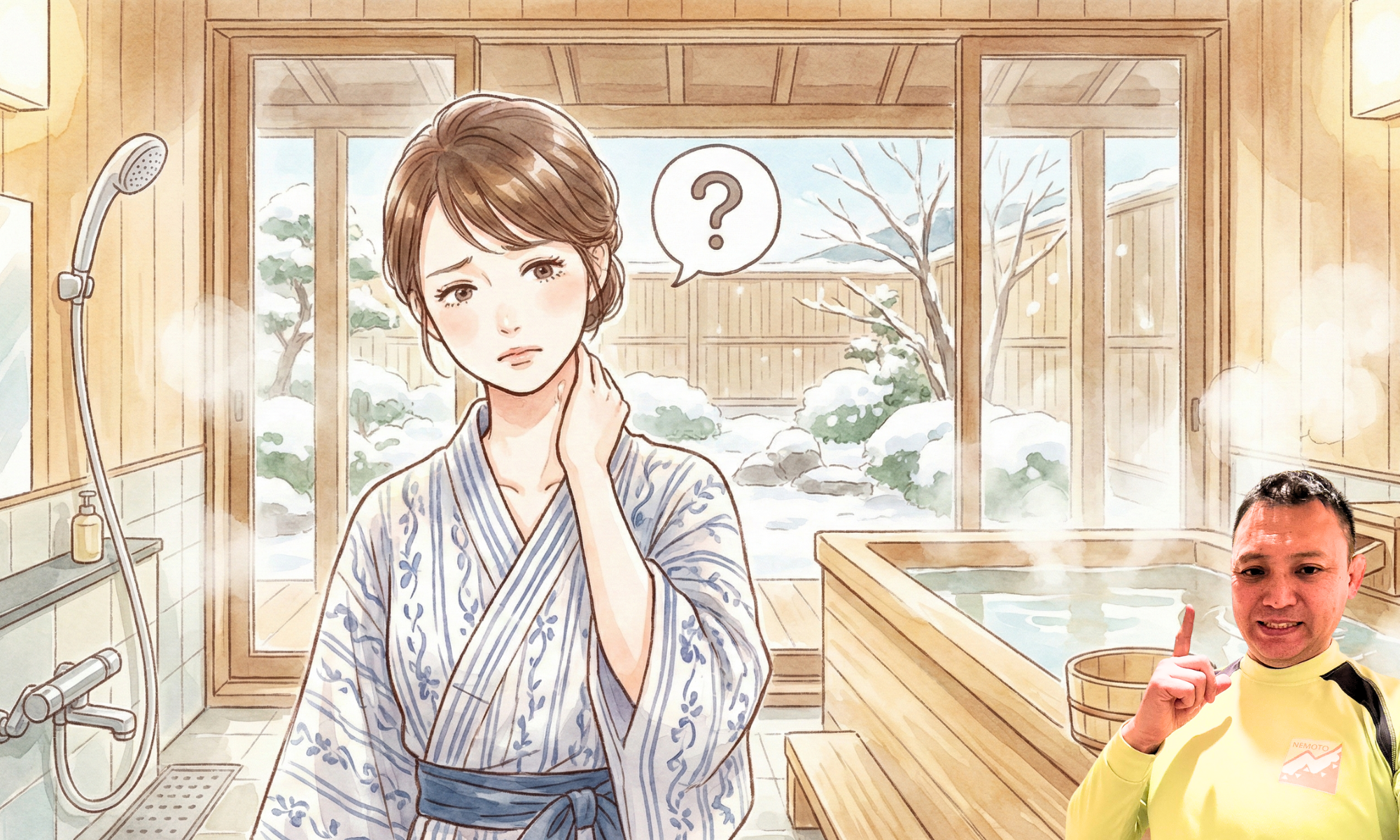 首に手を当てている３０代の女性