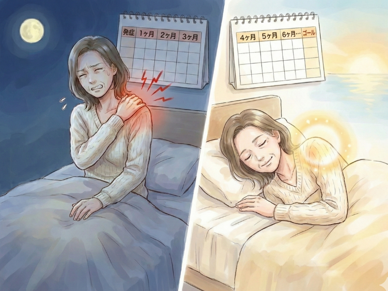 肩に手を当てている50代の女性