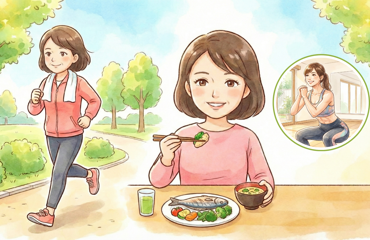 運動と食事をしている女性