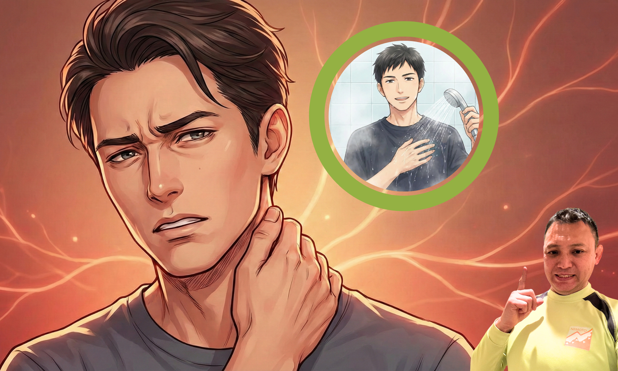 首に手を当てている30代の男性