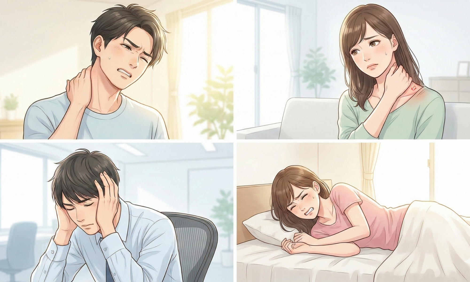 首に手を当てている30代の男性