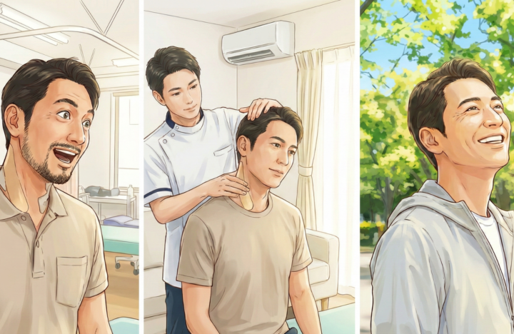 首にテーピングをしている40代の男性