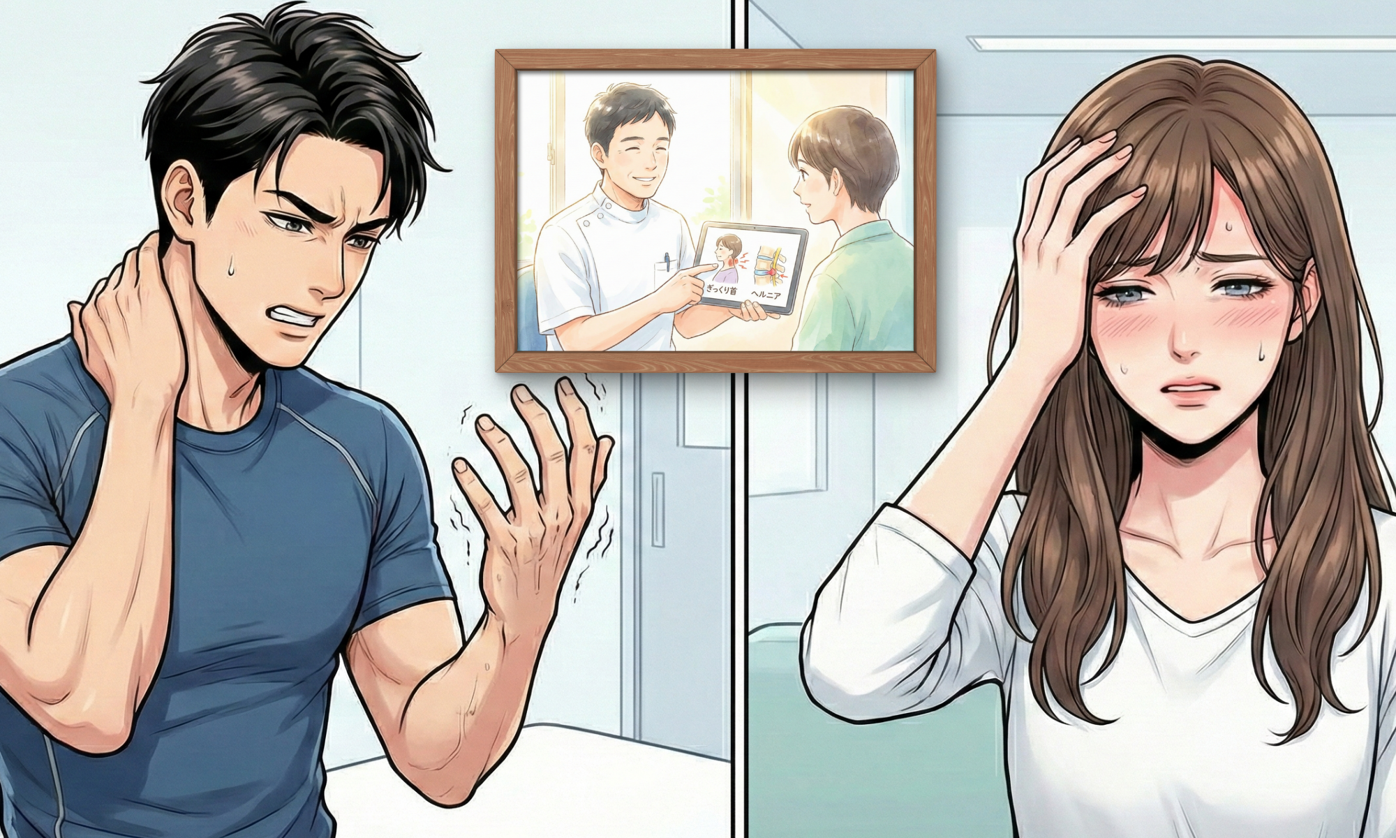 首に手を当てている20代の男性